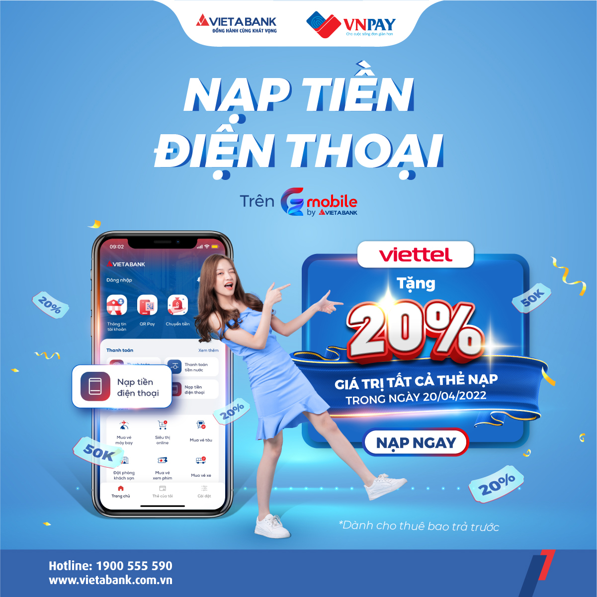 KHUYẾN MÃI 20% GIÁ TRỊ THẺ NẠP ĐIỆN THOẠI TRÊN VIETABANK EZMOBILE