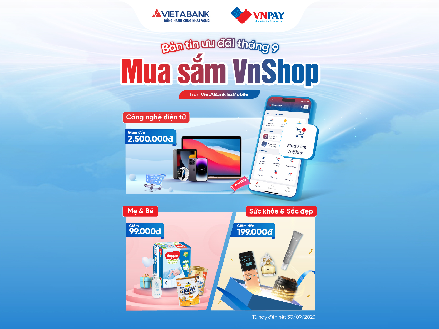 Mua sắm VnShop trên VietABank EzMobile: Sale đậm nhiều ngành hàng, tặng ngàn voucher freeship