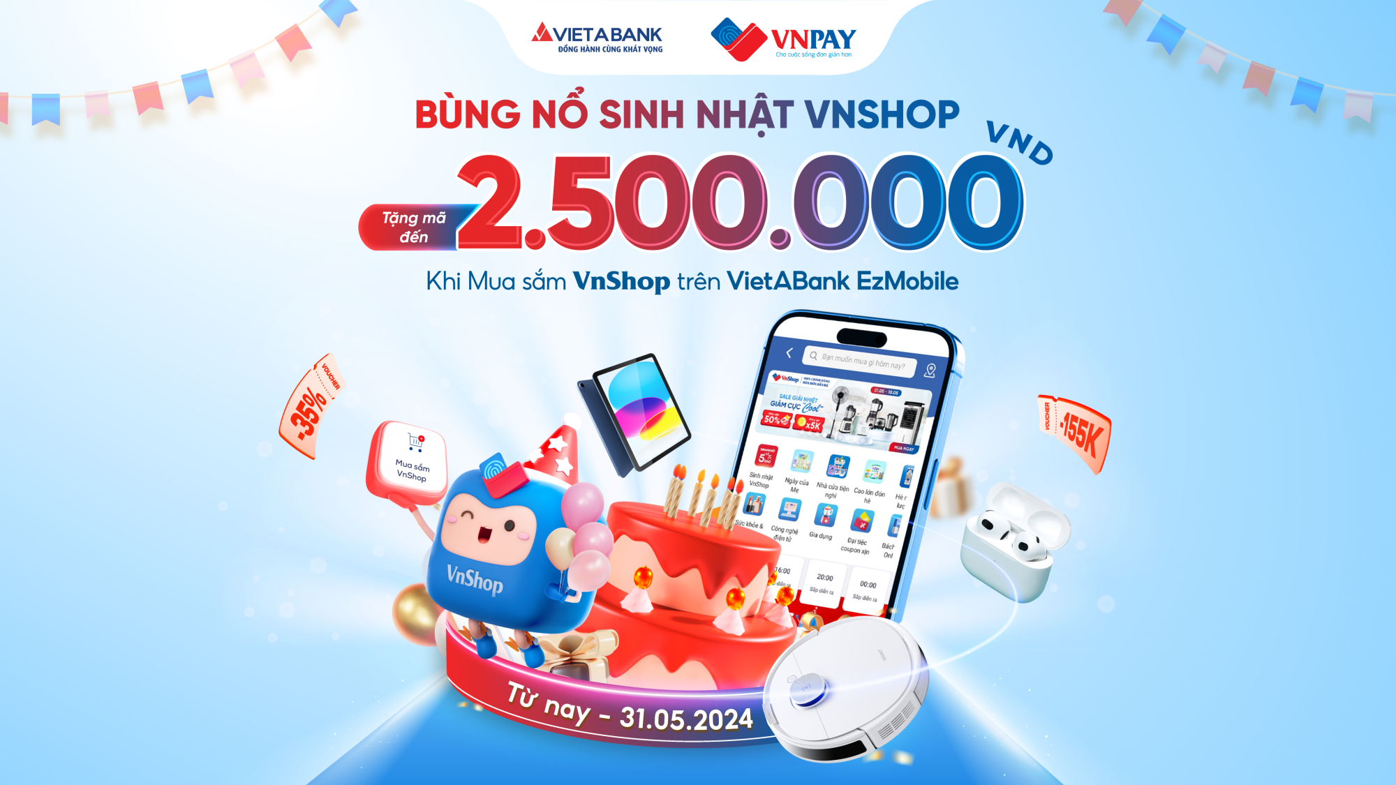 🎂SINH NHẬT 5 SAO VNSHOP - ƯU ĐÃI CỰC 'WOW' TRÊN VIETABANK EZMOBILE 
